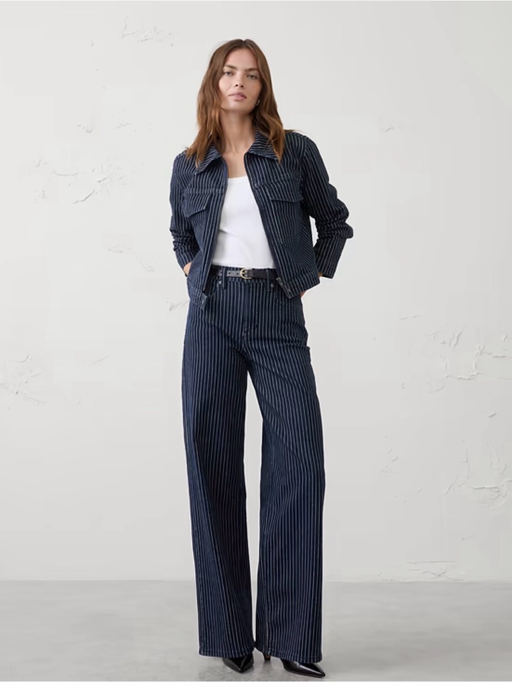 Banana Republic Navy and White Pinstripe Wide-Leg Pants